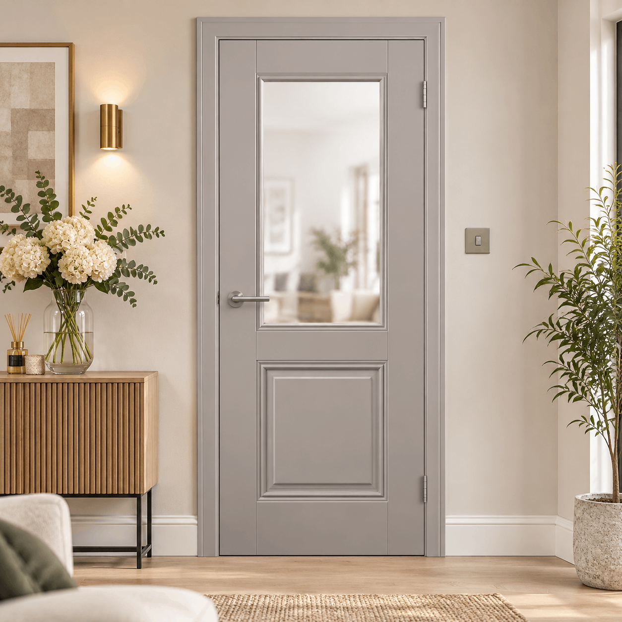 LPD Arnhem 1L Silk Grey Clear Glazed Veneer Primed Plus Internal Door