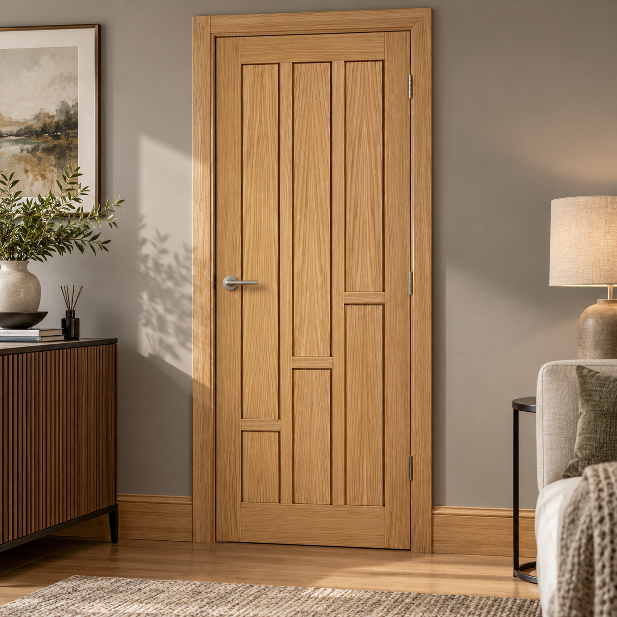 LPD Coventry Oak 6 Diagonally Aligned Vertical Panel Design White Oak Veneer Pre-Finished Internal Door lifestyle