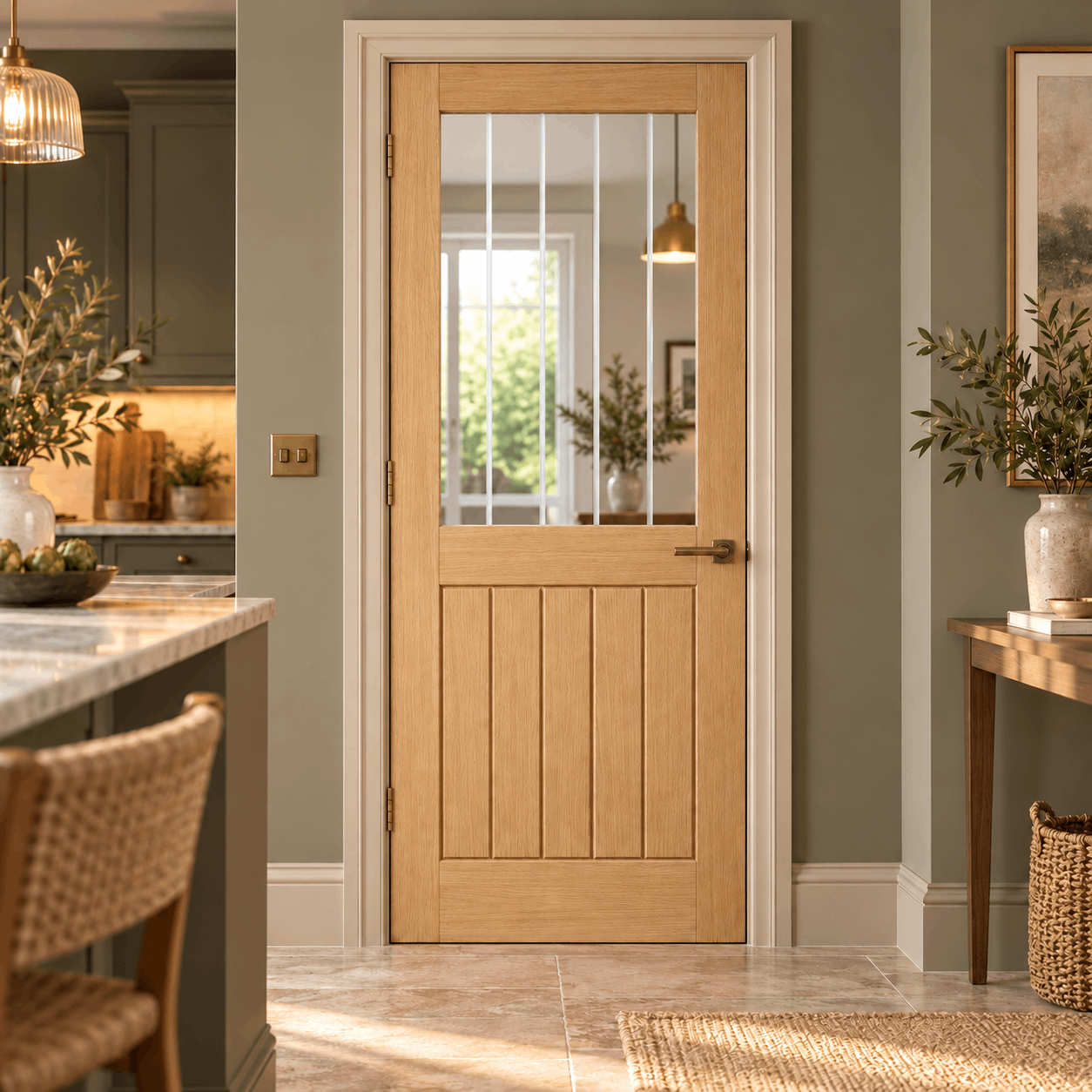 LPD Mexicano Half Light Oak Clear Glazed with Frosted Lines Square Cut Vertical Groove White Oak Veneer Pre-Finished Internal Door