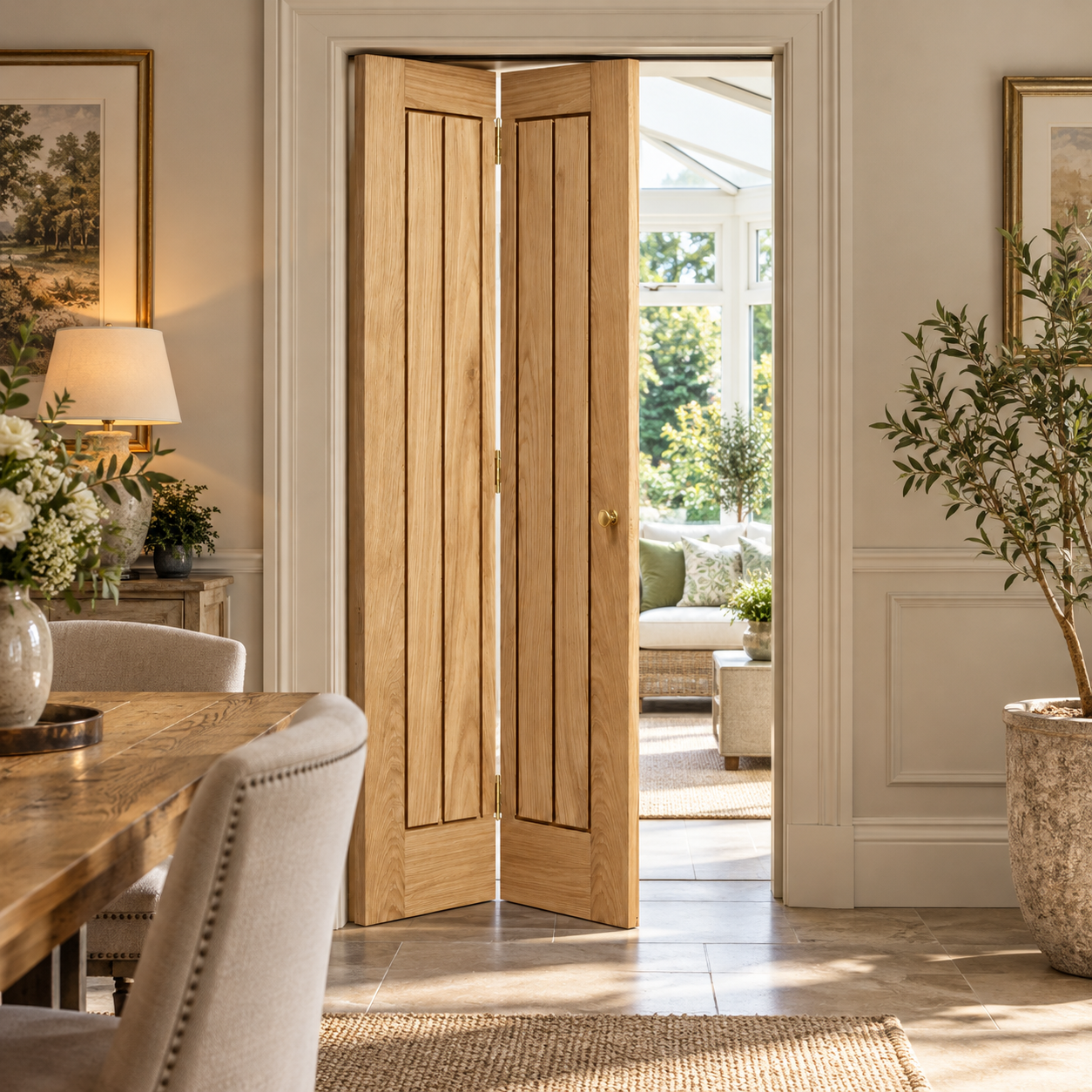 LPD Mexicano Oak Square Cut Groove Vertical Panel Design White Oak Veneer Unfinished Bi-Fold Internal Door lifestyle