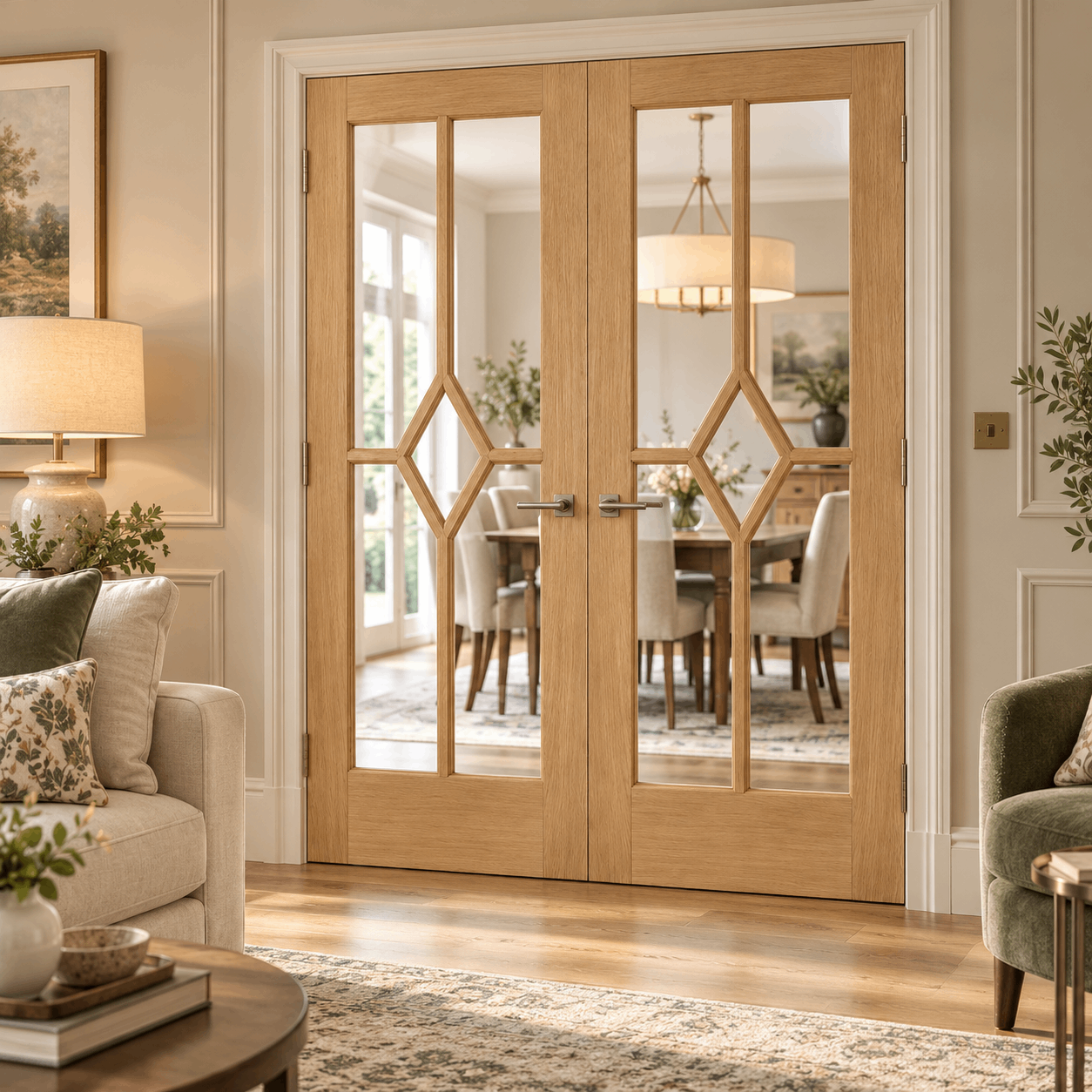 LPD Reims Oak Diamond Design Clear Glazed Veneer Pre-Finished Internal Door Pair lifestyle