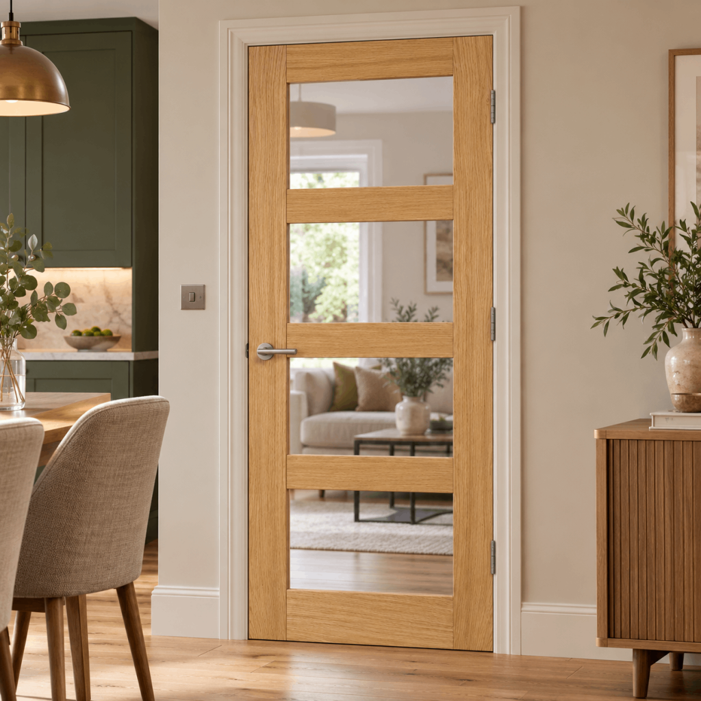 LPD Shaker 4L Oak Clear Glazed Veneer Pre-Finished Internal Door