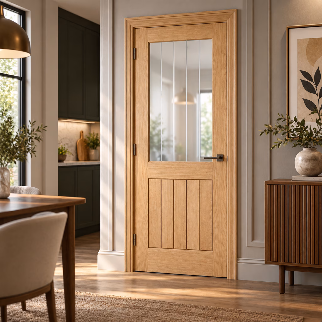 LPD Belize 1L Oak 5 Vertical Panel Clear Glazed Frosted Lines White Oak Veneer Pre-Finished Internal Door