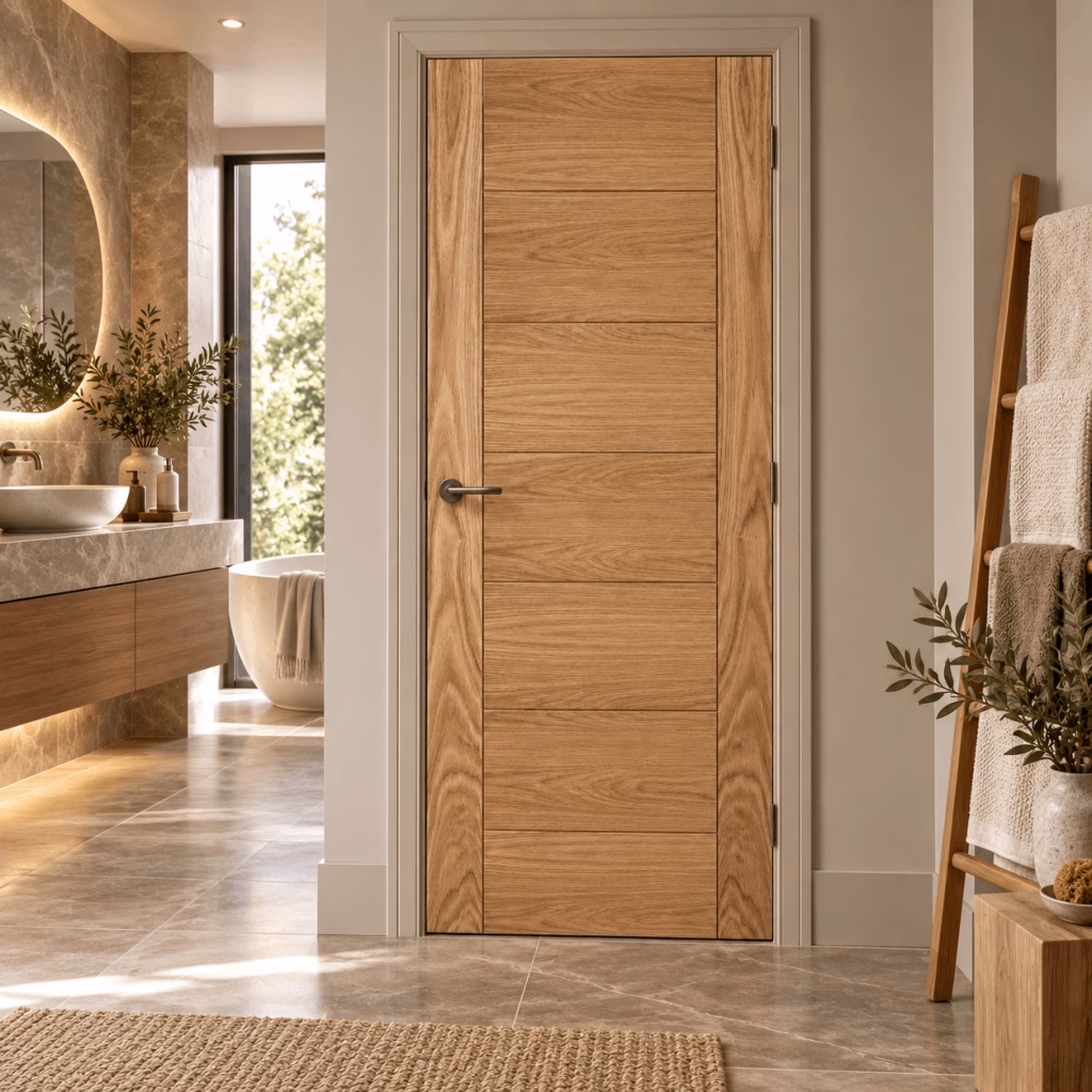 LPD Carini 7P Oak Contrasting Side Panels V-Cut Ladder Design White Oak Veneer Unfinished Internal Door lifestyle