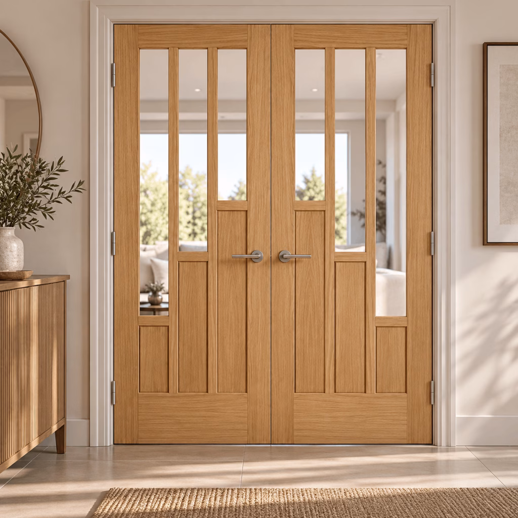 LPD Coventry 3L Oak Clear Glazed Veneer Unfinished Internal Door Pair