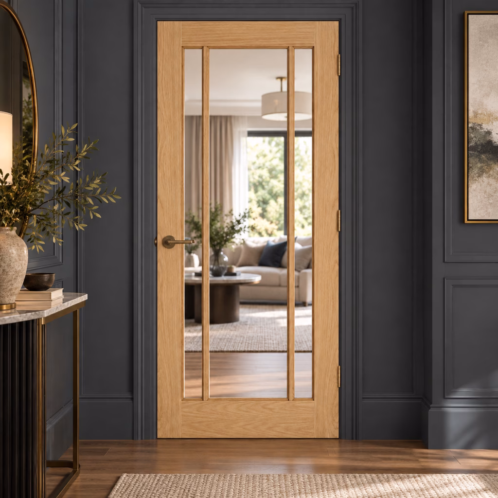 LPD Lincoln 3L Oak Classic Clear Glazed Design White Oak Veneer Unfinished Internal Door lifestyle