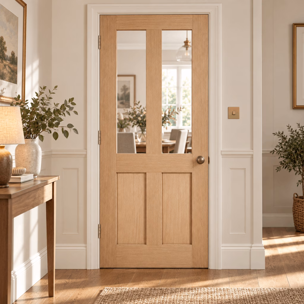 LPD London 2L Oak Vertical Panel Clear Glazed Veneer Pre-Finished Internal Door