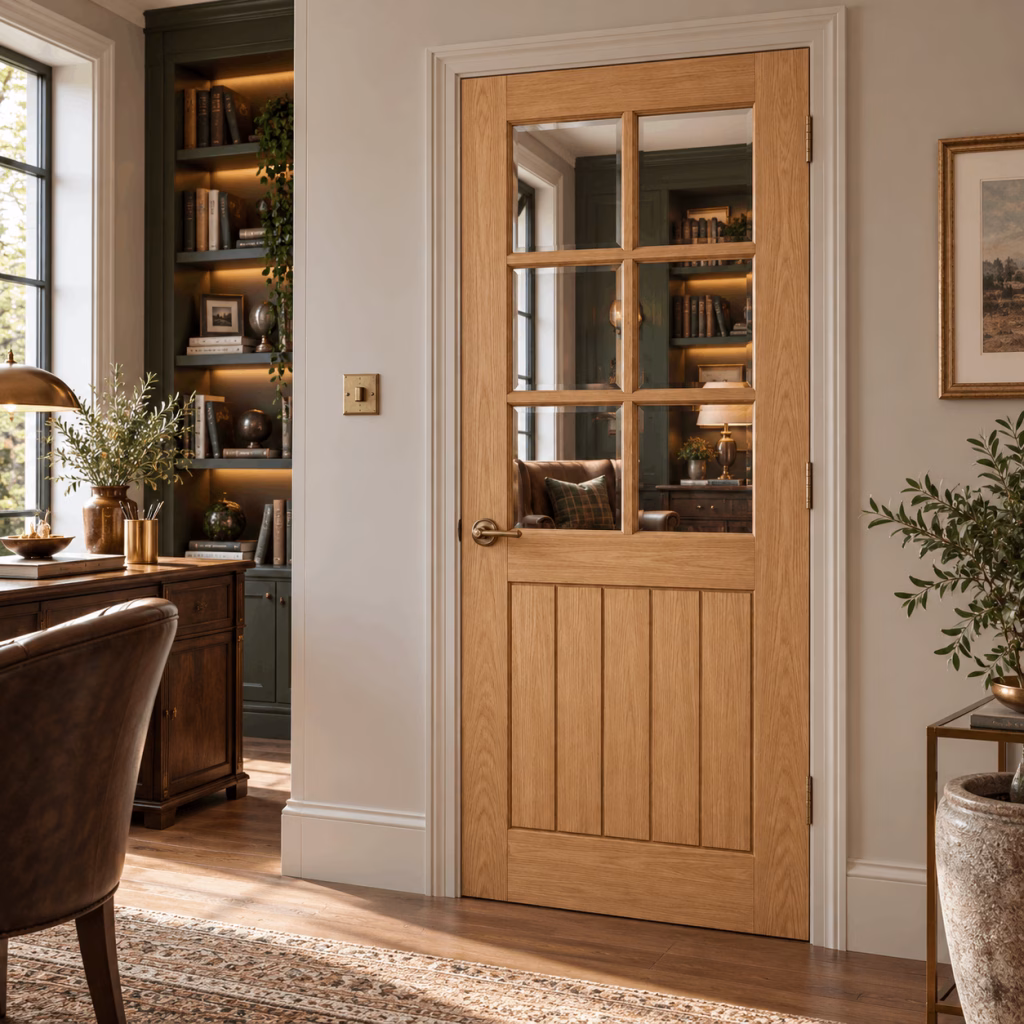 LPD Mexicano 6L Oak Classic Panel Design Clear Bevelled Glazed White Oak Veneer Pre-Finished Internal Door lifestyle