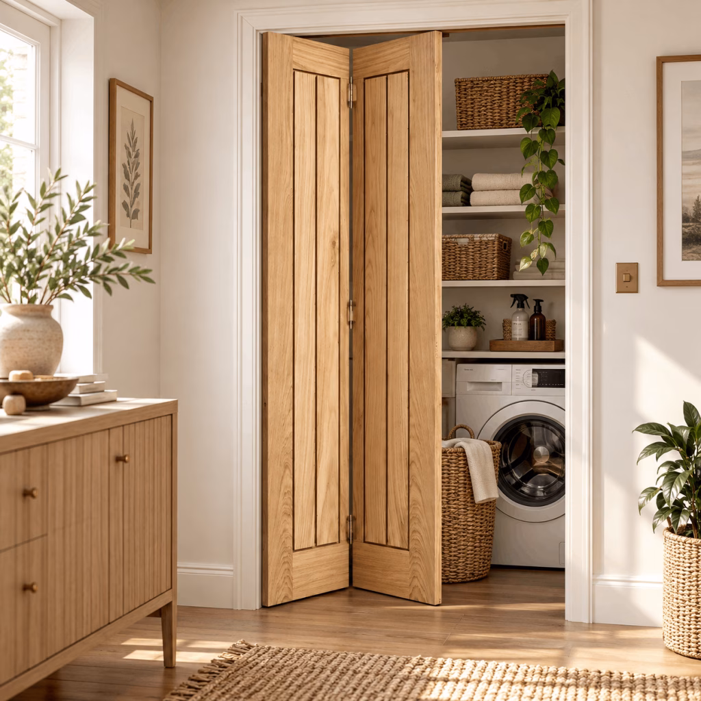 LPD Mexicano Oak Vertical Panel Veneer Pre-Finished Bi-Fold Internal Door