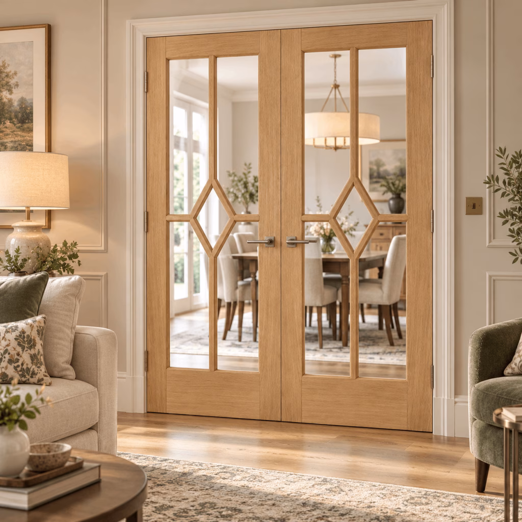 LPD Reims Oak Diamond Design Clear Glazed Veneer Pre-Finished Internal Door Pair