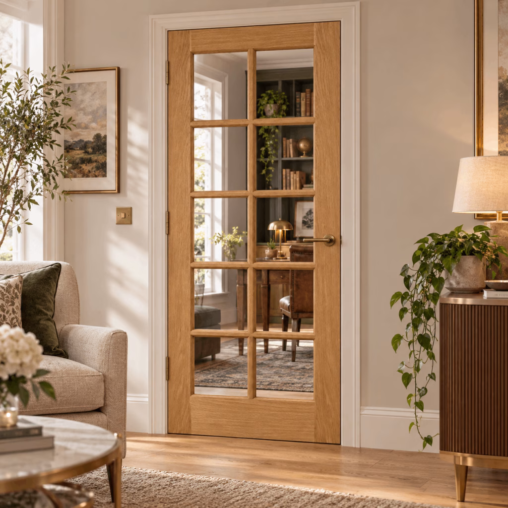 LPD SA 10L Oak Clear Glazed Square Panel Design White Oak Veneer Unfinished Internal Door lifestyle