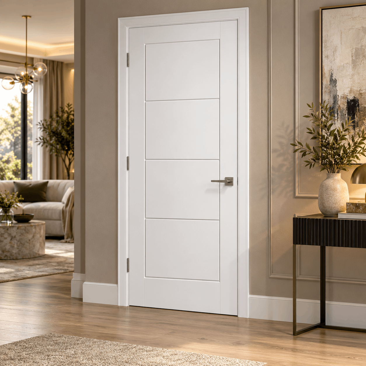 LPD Ladder White Primed Moulded 4 Equal Panel V Cut Groove Ladder Design Smooth Internal Door lifestyle