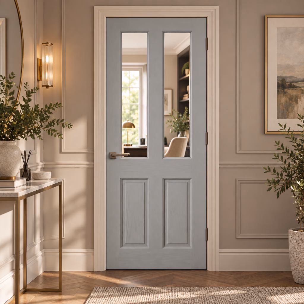 LPD 2P/2L Grey Moulded Clear Glazed Raised Shaped Panels Raised Moulding Light Grey Wood Veneer Pre-Finished Internal Door