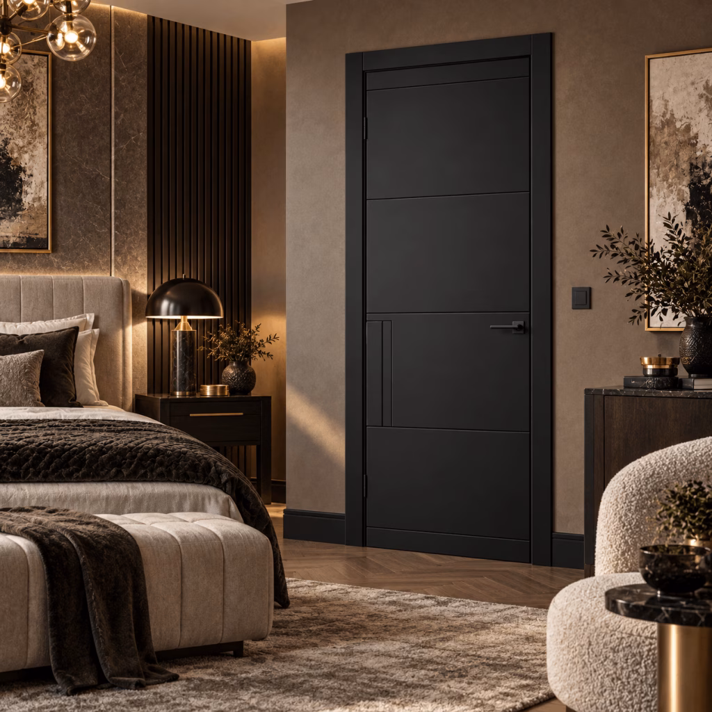 LPD Chelsea Black 4 Panel Asymmetrical Geometric Smooth Pre-Finished Internal Door