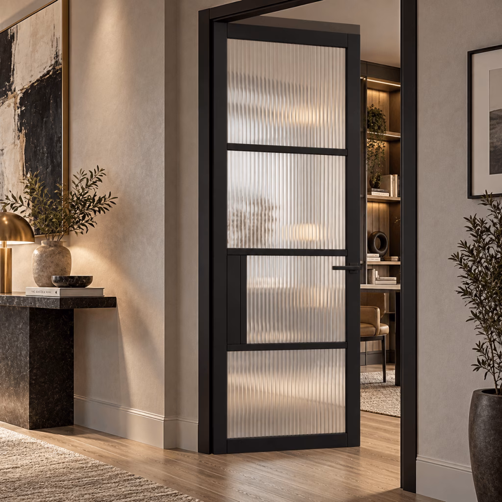 LPD Chelsea Black 4L Reeded Glazed Industrial Smooth Pre-Finished Internal Door