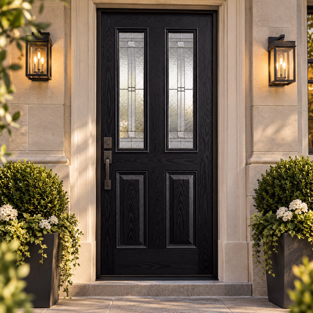 LPD Malton 2L Black Front White Inside Raised Panels Textured Clear Bevelled Lead Double Glazed GRP Pre-Finished External Door