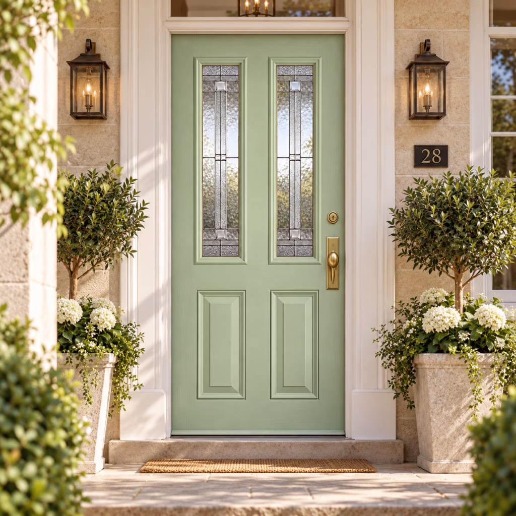 LPD Malton 2L Light Green Front White Inside Raised Panels Lead Double Glazed Tongue and Groove GRP Pre-Finished External Door