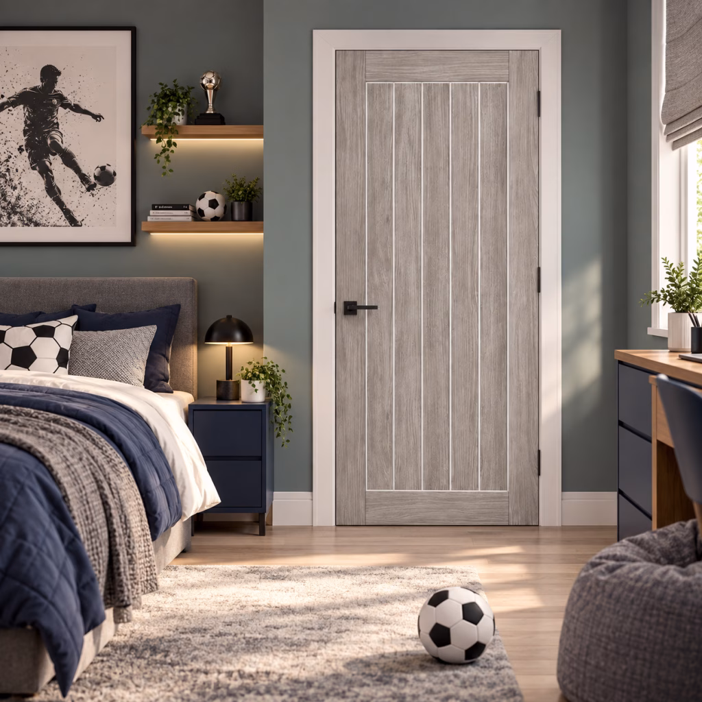 LPD Mexicano Light Grey Square Cut Groove Vertical Panel Design Pre-Finished Laminate Internal Door