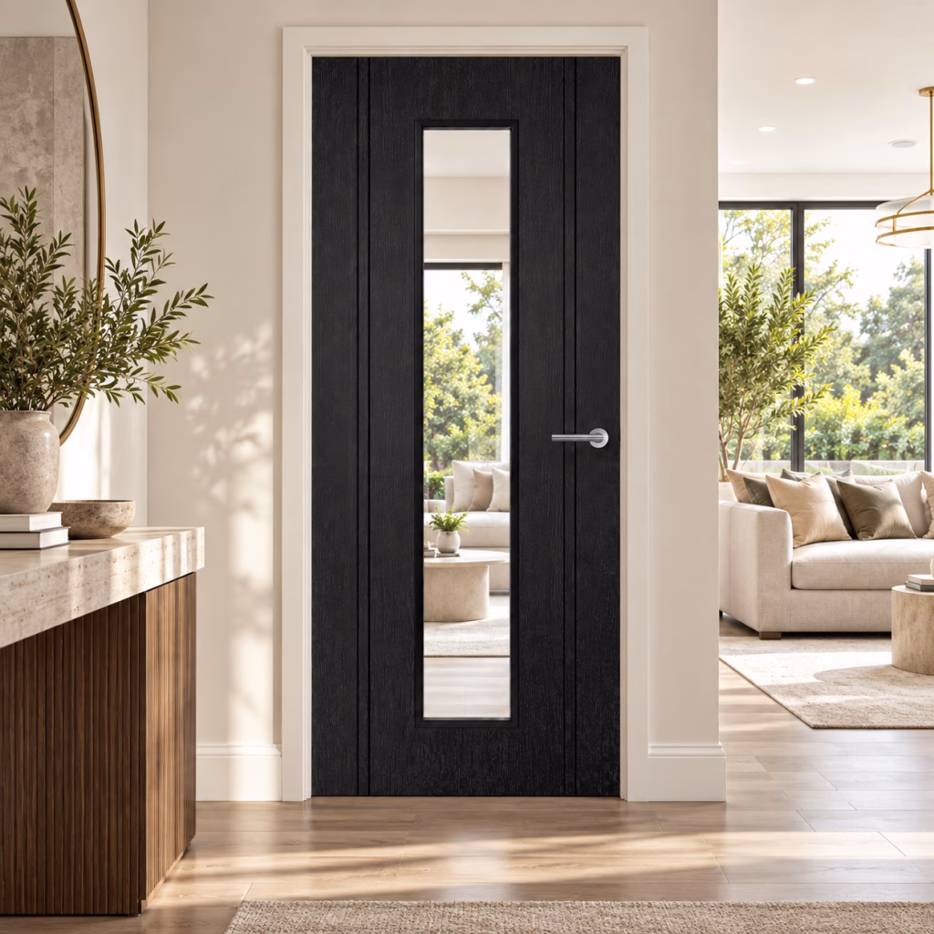 LPD Monaco Black Vertical Clear Glazed Textured Pre-Finished Laminate Internal Door