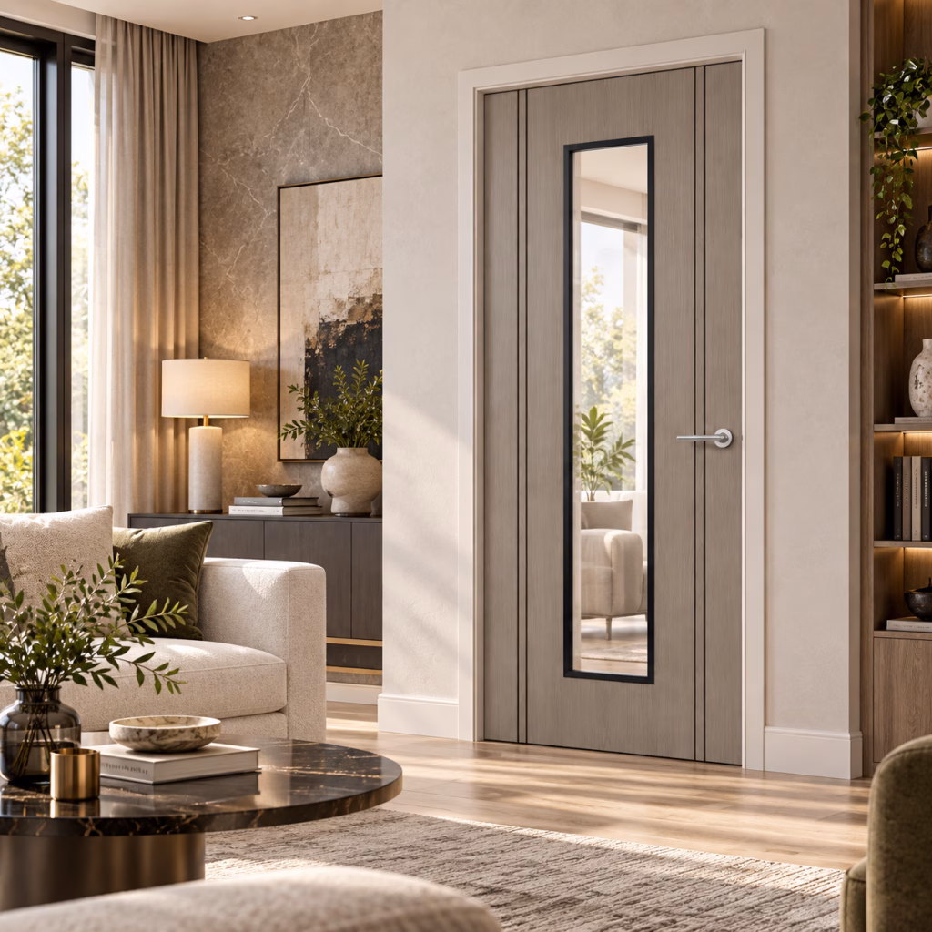 LPD Monaco Light Grey Vertical Clear Glazed Black Edge Inlays Pre-Finished Laminate Internal Door