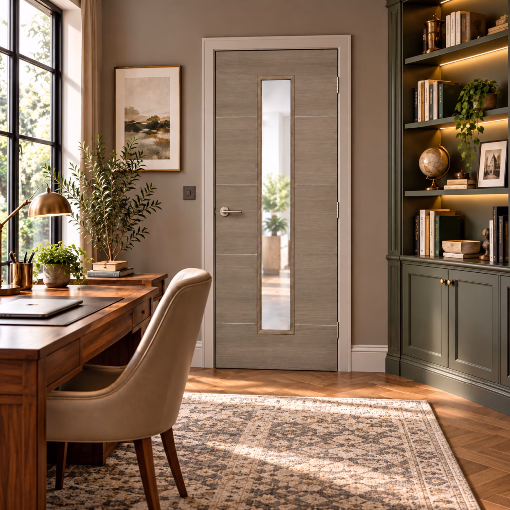 LPD Santandor Light Grey 5 Panel Slim Vertical Clear Glazed Pre-Finished Laminate Internal Door