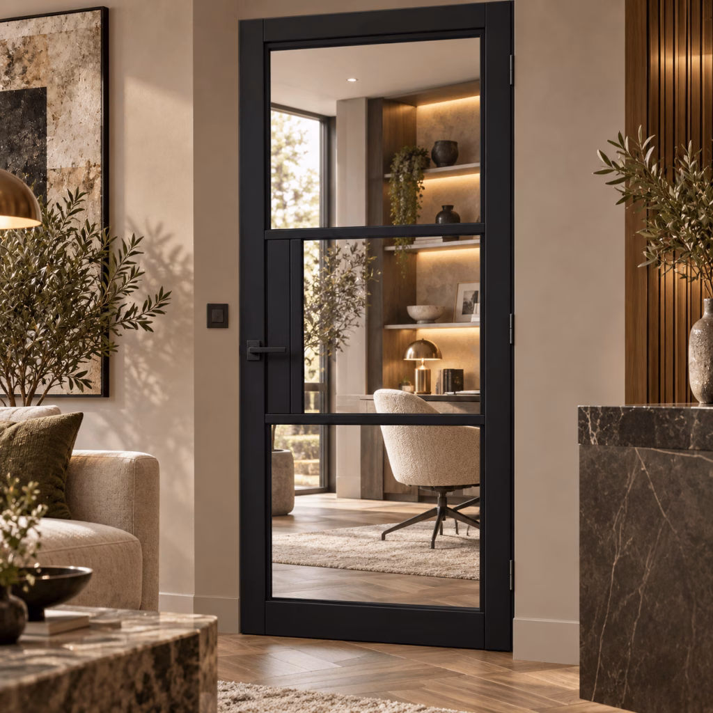 LPD Tribeca Black 3L Clear Glazed Asymmetrical Geometric Design Smooth Pre-Finished Internal Door