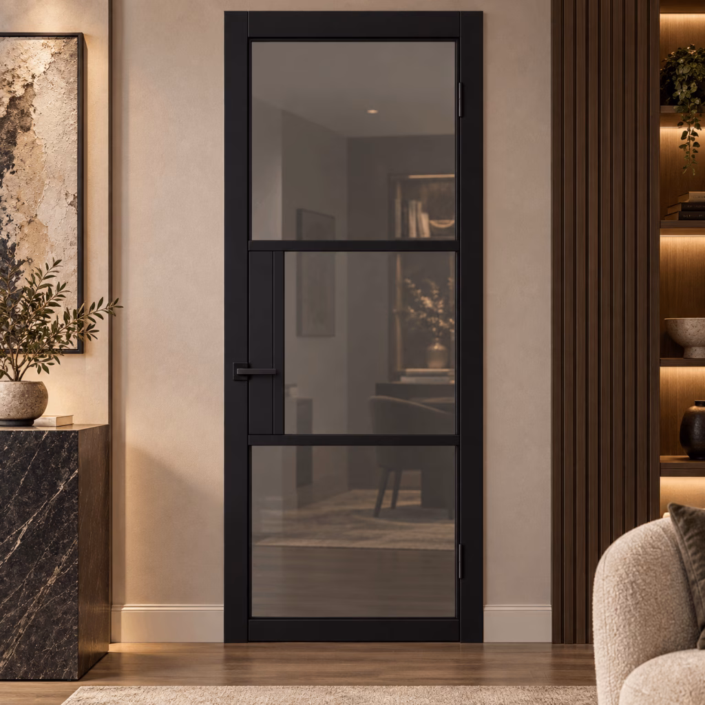 LPD Tribeca Black 3L Tinted Glazed Asymmetrical Design Smooth Pre-Finished Internal Door