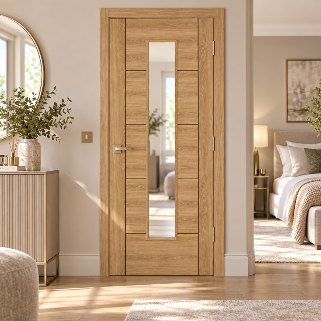 LPD Vancouver Oak 1L Slim Vertical Clear Glazed Pre-Finished Laminate Internal Door