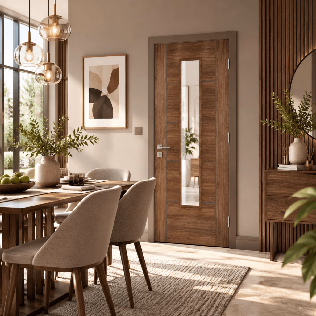 LPD Vancouver Walnut 5 Panel Vertical Clear Glazed Pre-Finished Laminate Internal Door