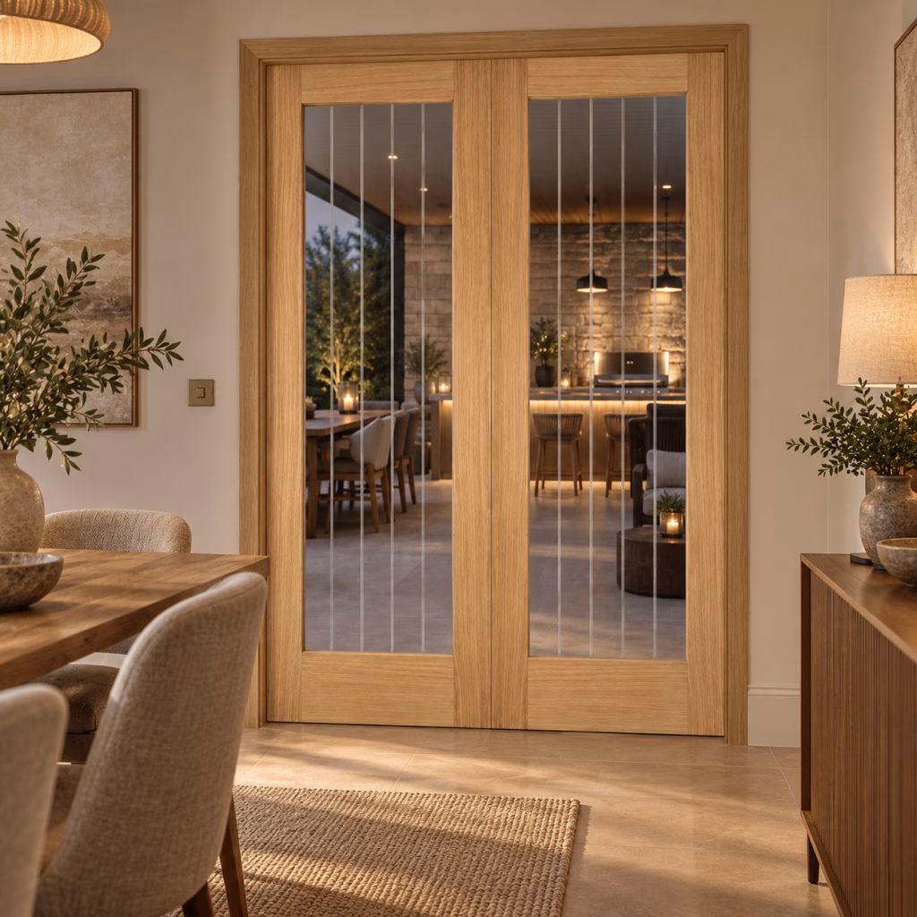 LPD Mexicano Oak Pattern 10 Clear Glazed Frosted Lines Rebated Right-Hand Pull Unfinished White Oak Veneer Internal Door Pair