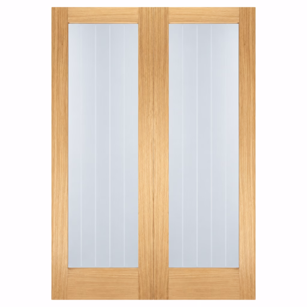 LPD Mexicano Oak Pattern 10 Clear Glazed Frosted Lines Rebated Right-Hand Pull Unfinished White Oak Veneer Internal Door Pair