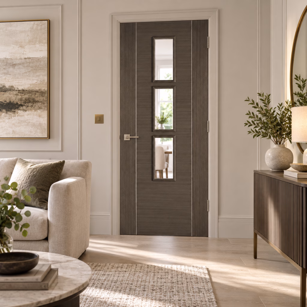 LPD Alcaraz Chocolate Grey 3L Clear Glazed Vertical Bars Pre-Finished Chocolate Grey Wood Veneer Internal Door