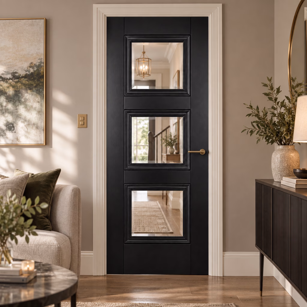 LPD Amsterdam Black 3L Clear Bevelled Glazed Primed Plus Black Wood Veneer Internal Door