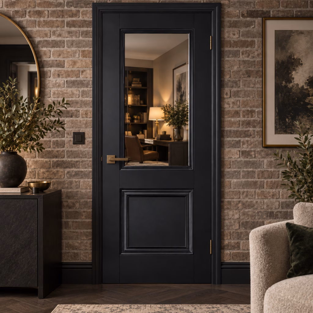 LPD Arnhem Black 1L Clear Glazed Moulded Lower Panel Primed Plus Wood Veneer Internal Door