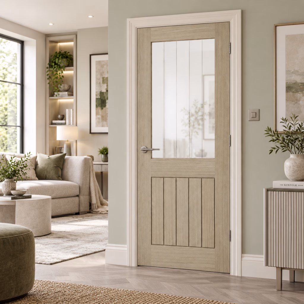 LPD Belize Light Grey 1L Clear Glazed Frosted Lines Square Cut Grooves Pre-Finished Internal Door