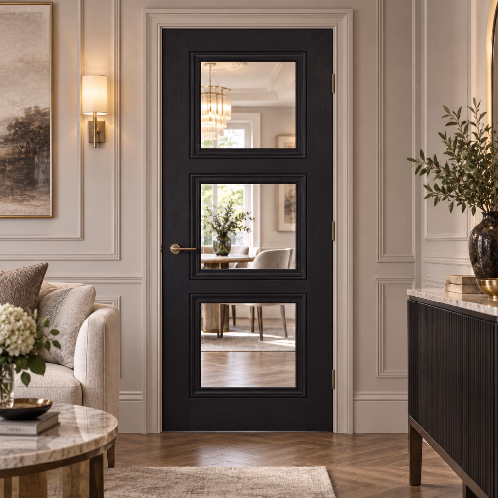 LPD Black Antwerp 3L Clear Glazed Primed Black Wood Veneer Internal Door