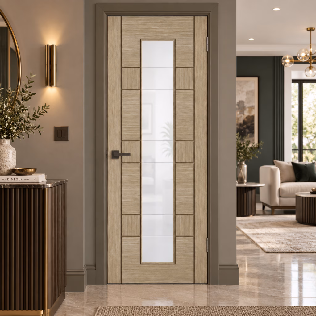 LPD Edmonton Light Grey 1L Clear Glazed Frosted Lines V Cut Ladder Style Pre-Finished Internal Door