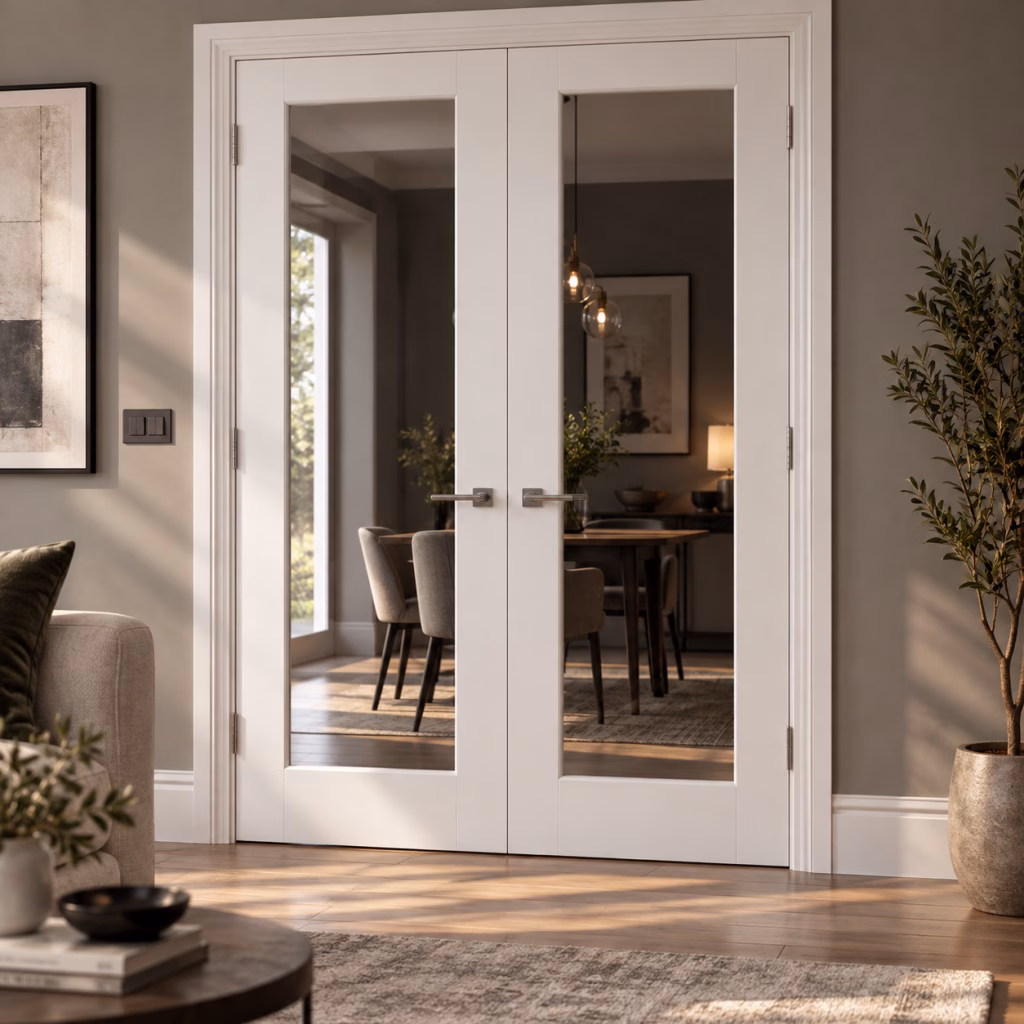 LPD Pattern 20 White Primed Two Clear Glazed Panels Rebated Left-Hand Pull Internal Door Pair