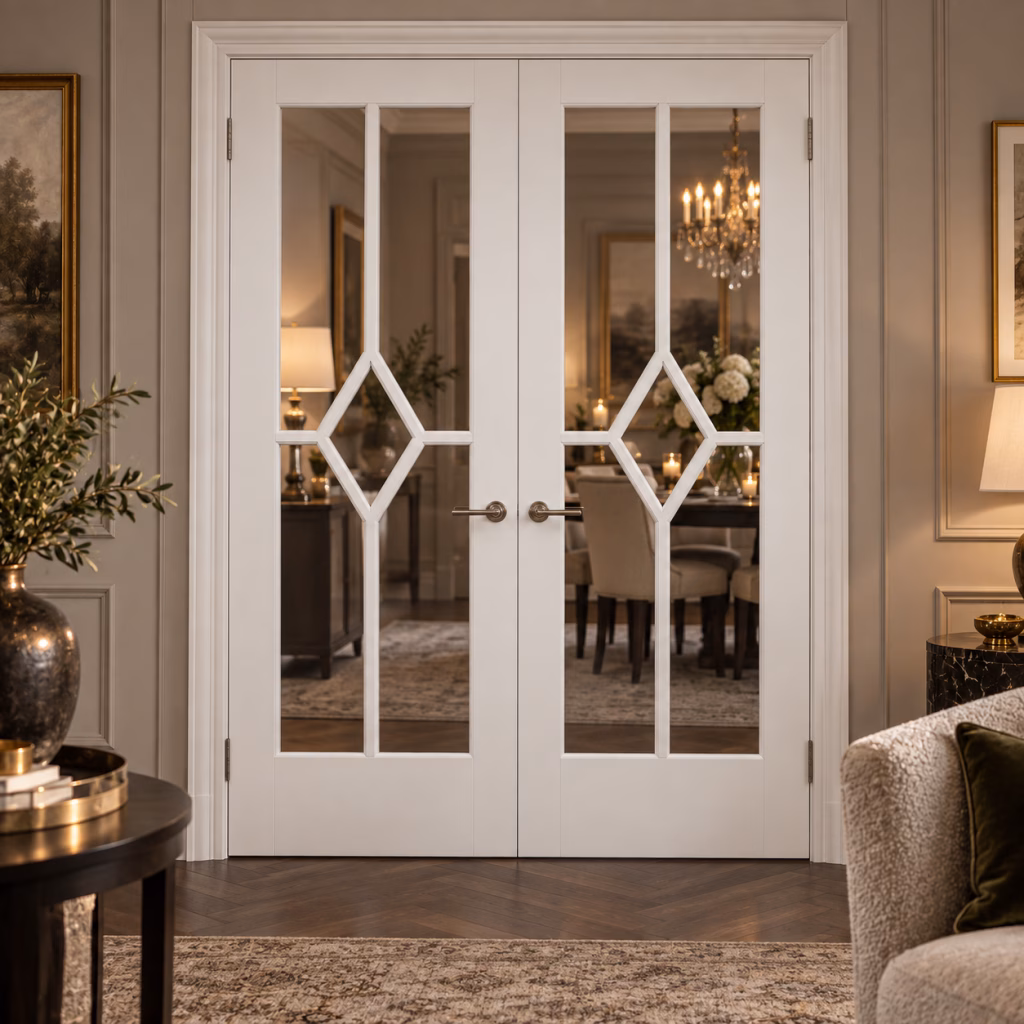 LPD Reims White Primed Clear Glazed Diamond Beaded Rebated Right-Hand Pull Internal Door Pair