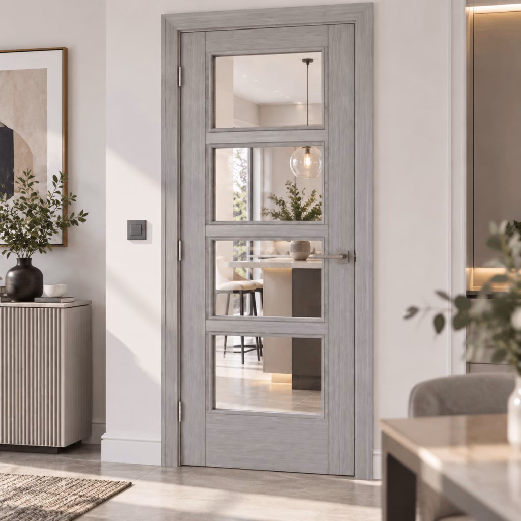 LPD Vancouver Light Grey 4L Clear Glazed Raised Mouldings Pre-Finished Internal Door