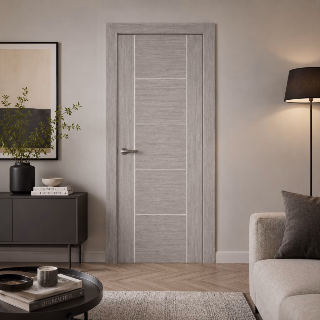 LPD Vancouver Light Grey 5 Panel Ladder Pre-Finished Oak Veneer Internal Door Lifestyle