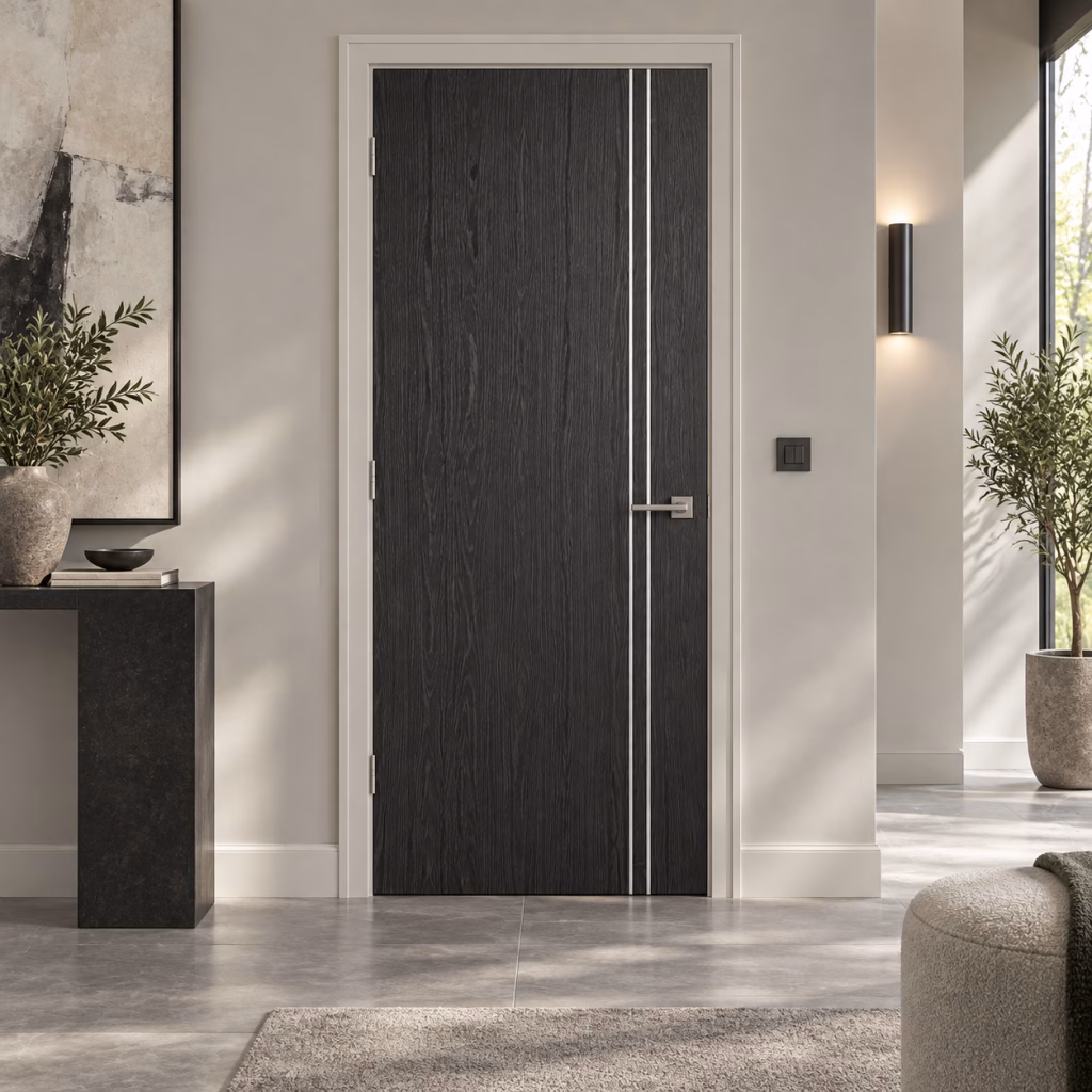 LPD Zanzibar Ash Grey Flush Vertical Aluminium Inlay Pre-Finished Ash Grey Wood Veneer Internal Door