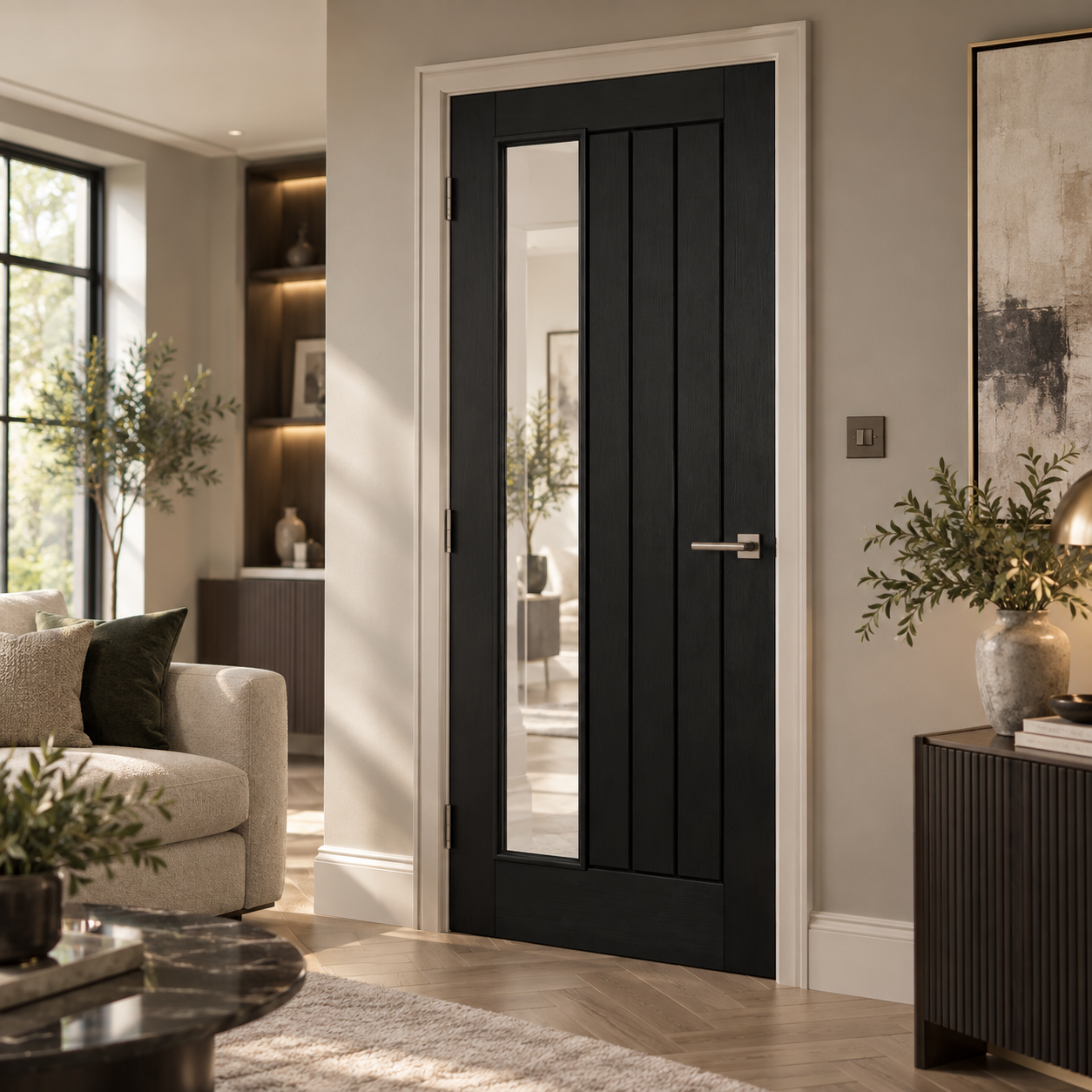 LPD Mexicano Black Offset Glazed Vertical Panel Pre-finished Wood Veneer Internal Door lifestyle
