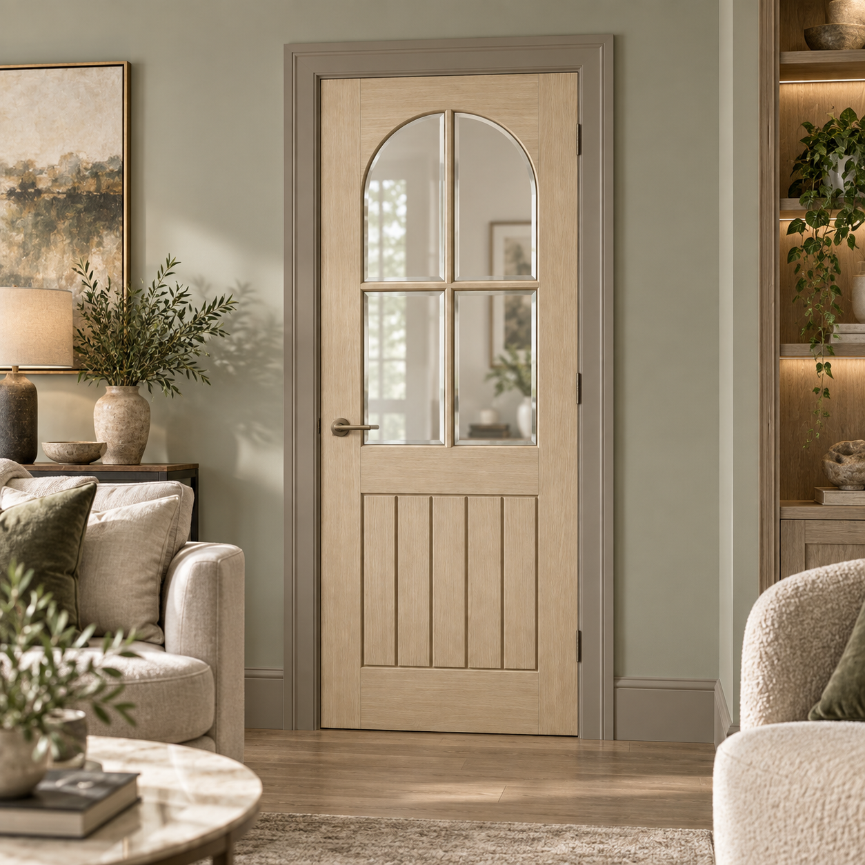 LPD Mexicano Blonde Oak Arched Square Top Clear Bevelled Glazed Square-Cut Vertical Grooves Pre-finished Wood Veneer Internal Door lifestyle