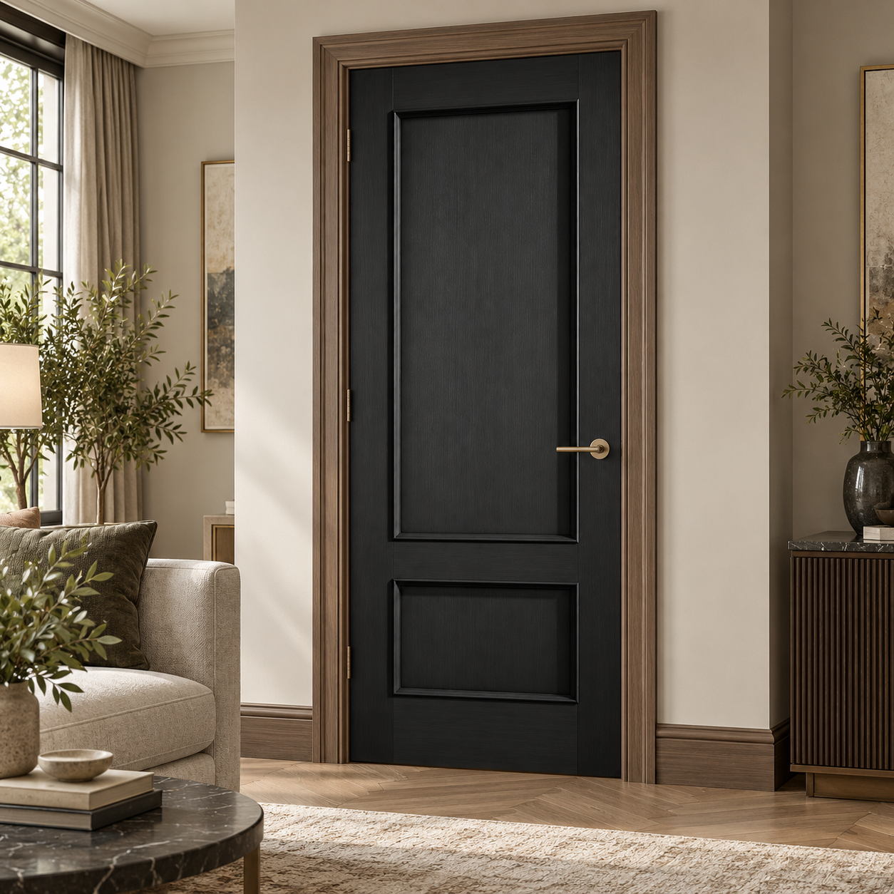 LPD Murcia Charcoal Black 2 Panel Raised Mouldings Pre-finished Black Wood Veneer Internal Door lifestyle