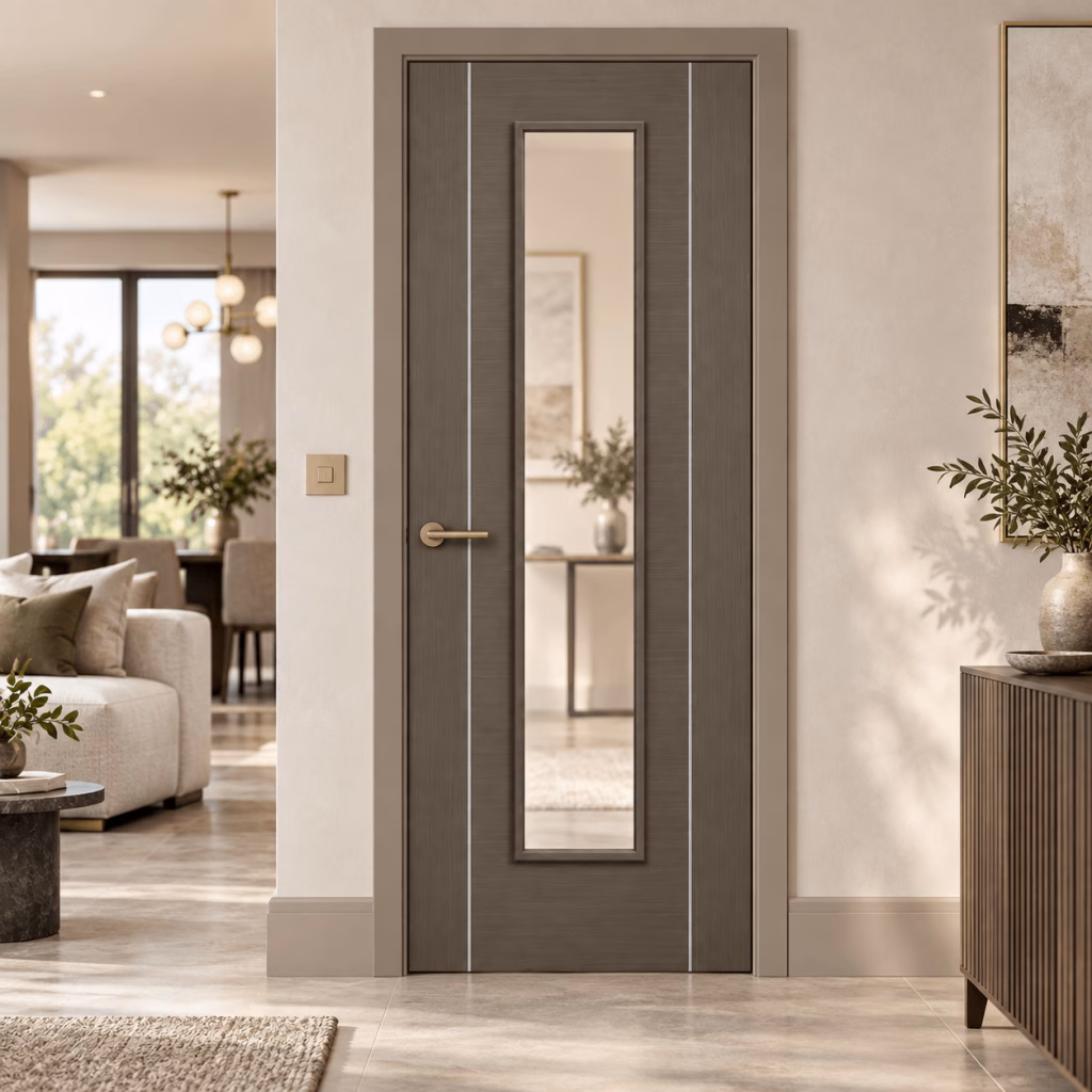 LPD Alcaraz Chocolate Grey Long Light Clear Glazed Aluminium Inlay Pre-finished Internal Door