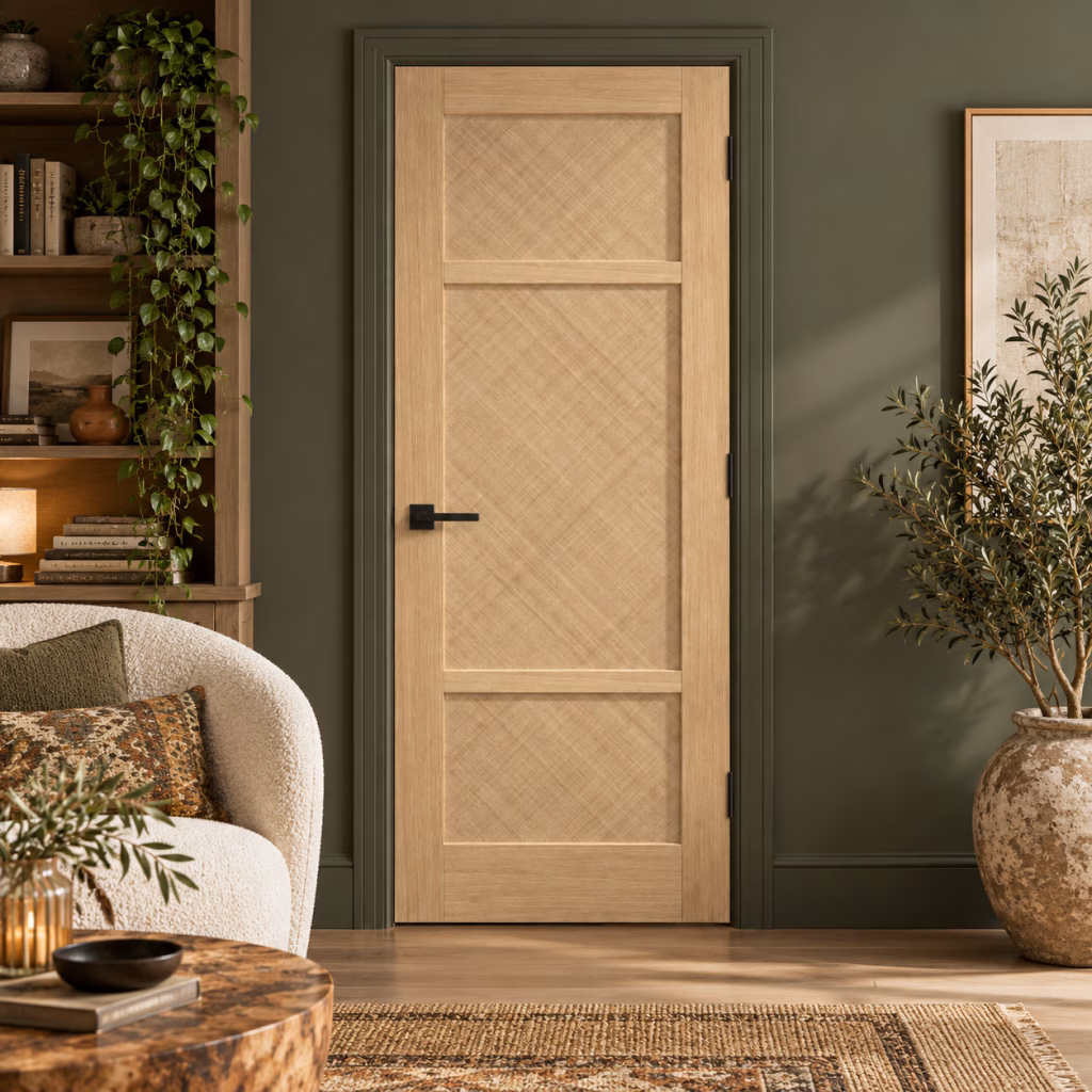LPD Alvin Oak 3 Panel Rattan Design Pre-finished White Oak Veneer Internal Door lifestyle