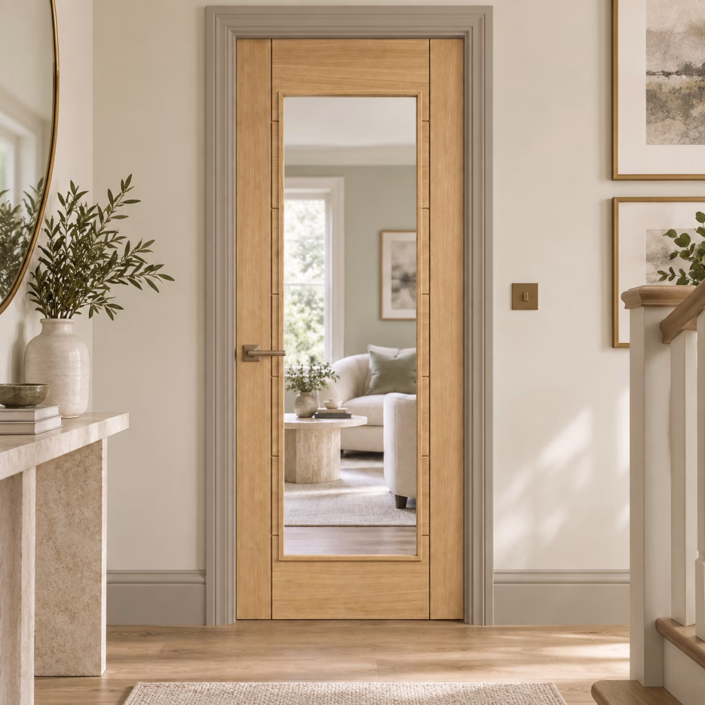LPD Carini Oak 1L Large Clear Glazed Panel Raised Mouldings V-Cut Ladder Design Unfinished White Oak Veneer Internal Door lifestyle