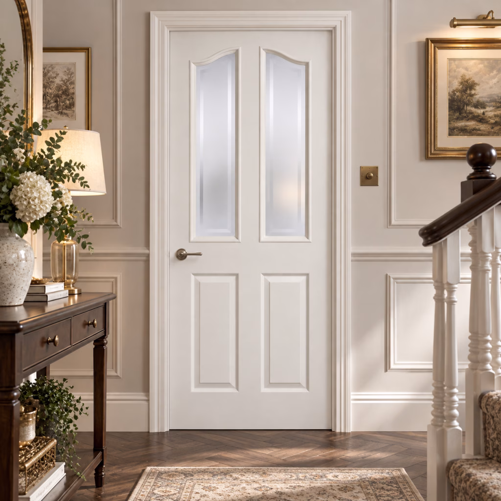 LPD Mayfair White Moulded 2L Frosted Glazed Curved Top Raised Panel Textured Primed Composite Internal Door