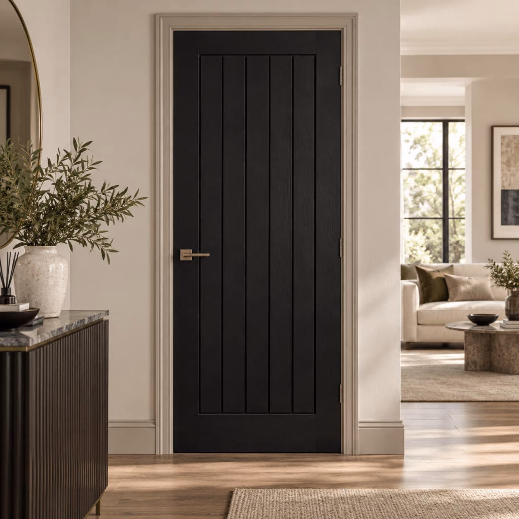 LPD Mexicano Black Square-Cut Vertical Panel Textured Grain Pre-finished Wood Veneer Internal Door